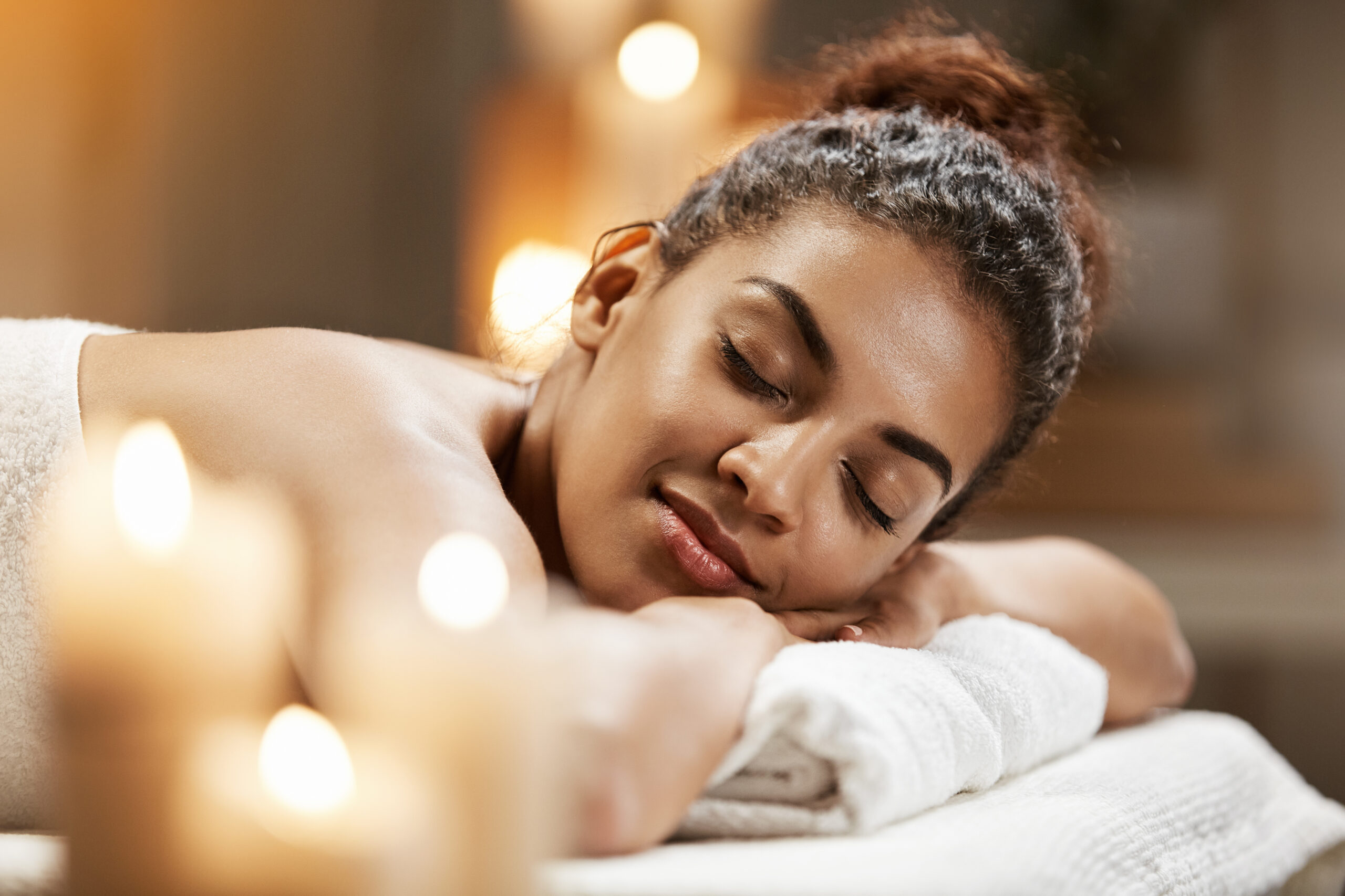 Beautiful African Woman Resting Relaxing Spa Resort With Closed Eyes Scaled
